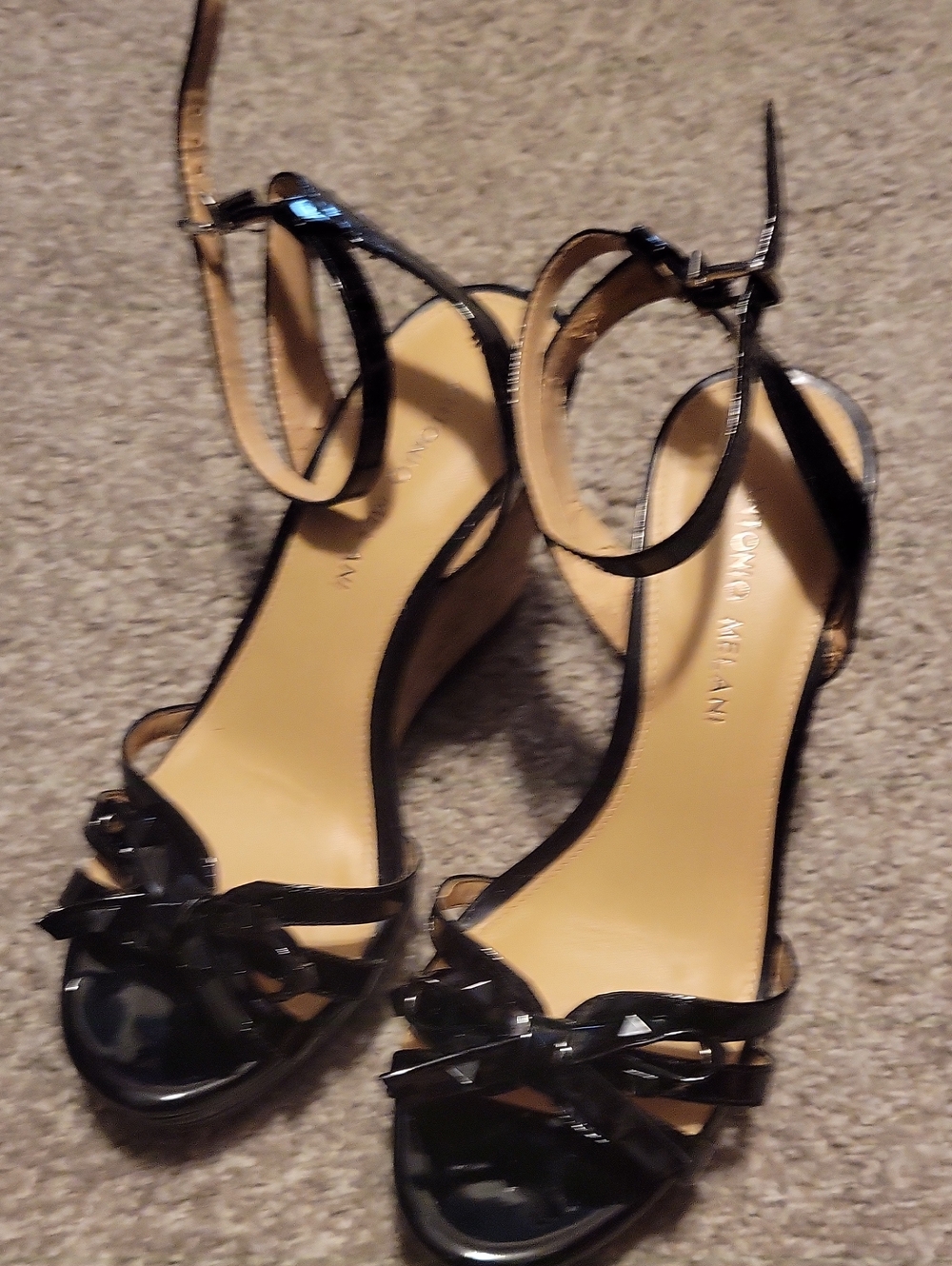 ANTONIO MELANI Black Patent Wedge Sandals with Ankle Strap